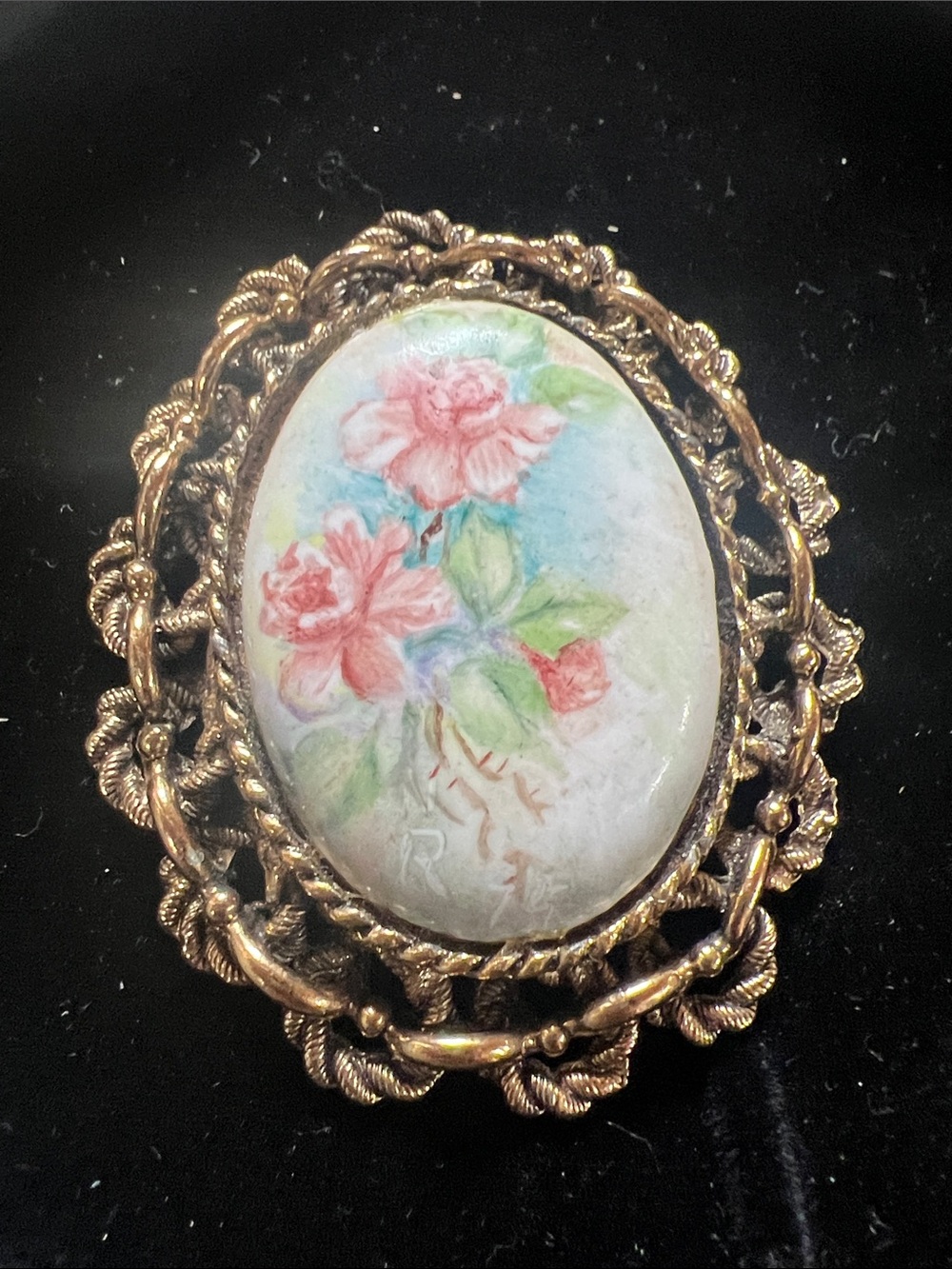 Vintage Hand-Painted Floral Porcelain Brooch in Gold-Tone Frame